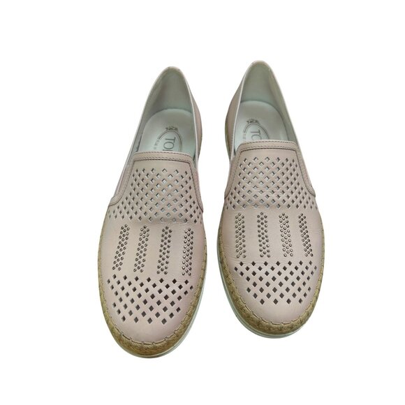 Tods Womens Pale Pink Leather Slip-On Espadrilles With Perforated and small Stud - Picture 2 of 7